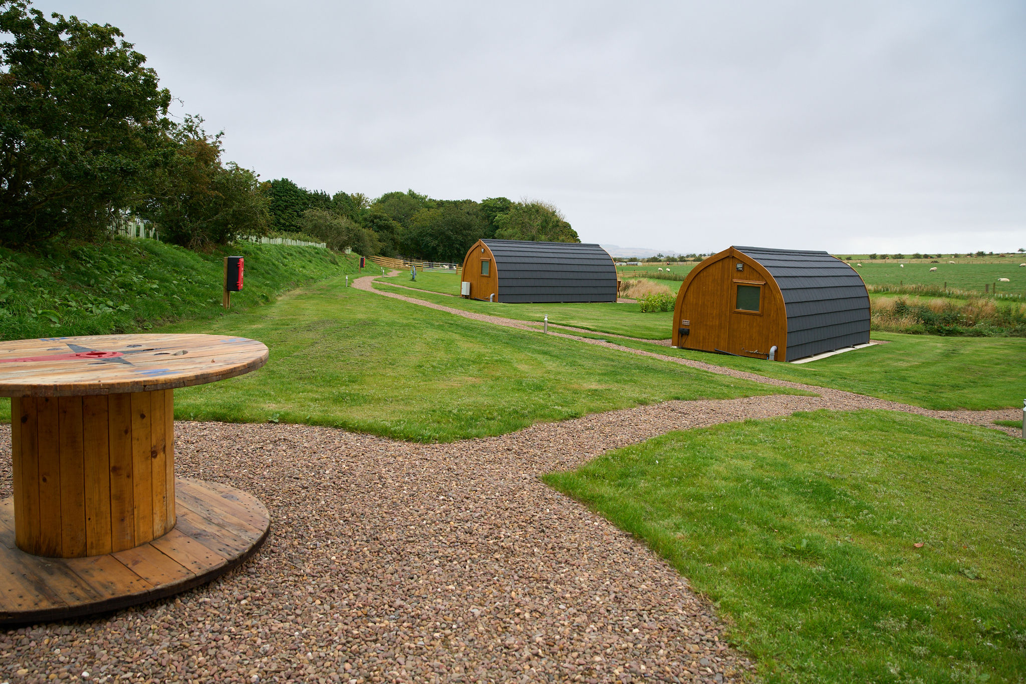 Interior of a Standard Luxury glamping pod at Braeview Escapes showing a comfortable bed and warm lighting