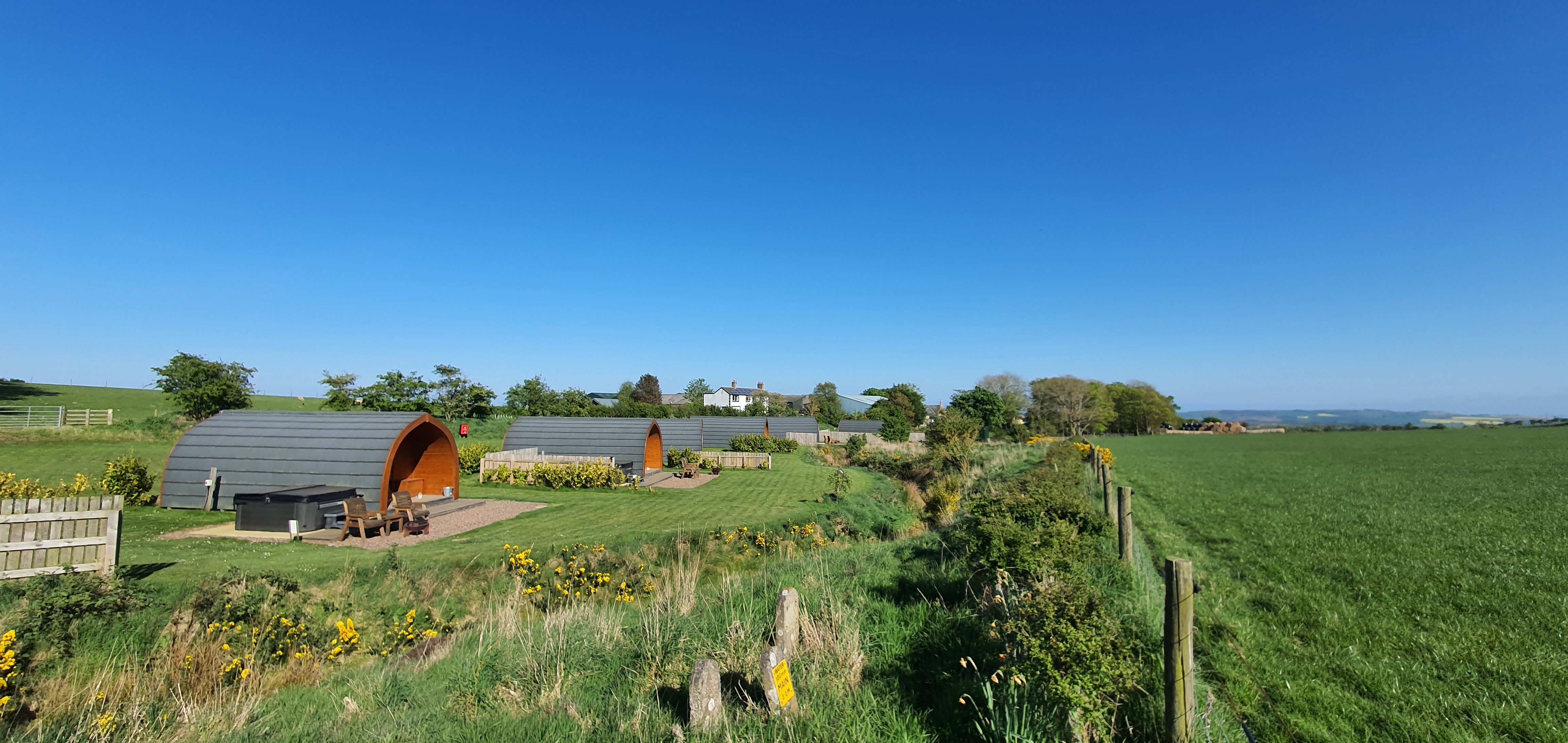 Exterior view of luxury adult-only glamping pods at Braeview Escapes in the Scottish Borders