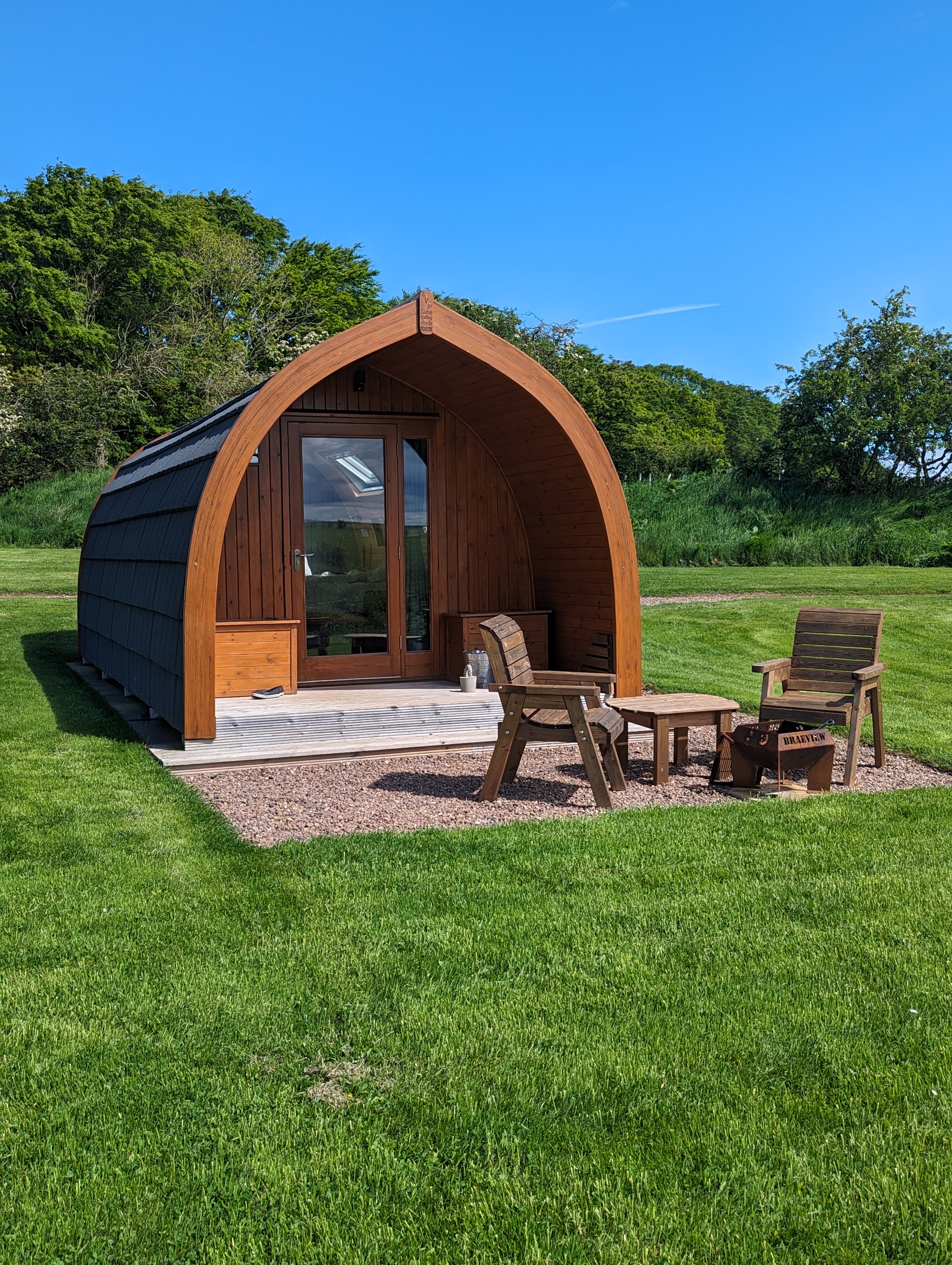 Willow luxury glamping pod exterior at Braeview Escapes, sitting next to Juniper pod