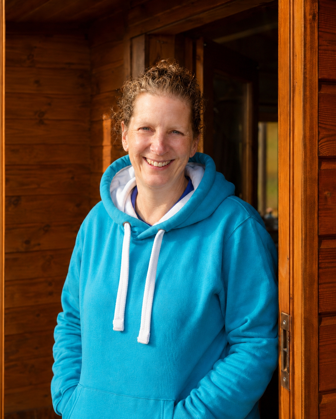 Morag Sallabanks, co-founder and massage therapist at Braeview Escapes, standing outside a wooden pod on the farm in the Scottish Borders