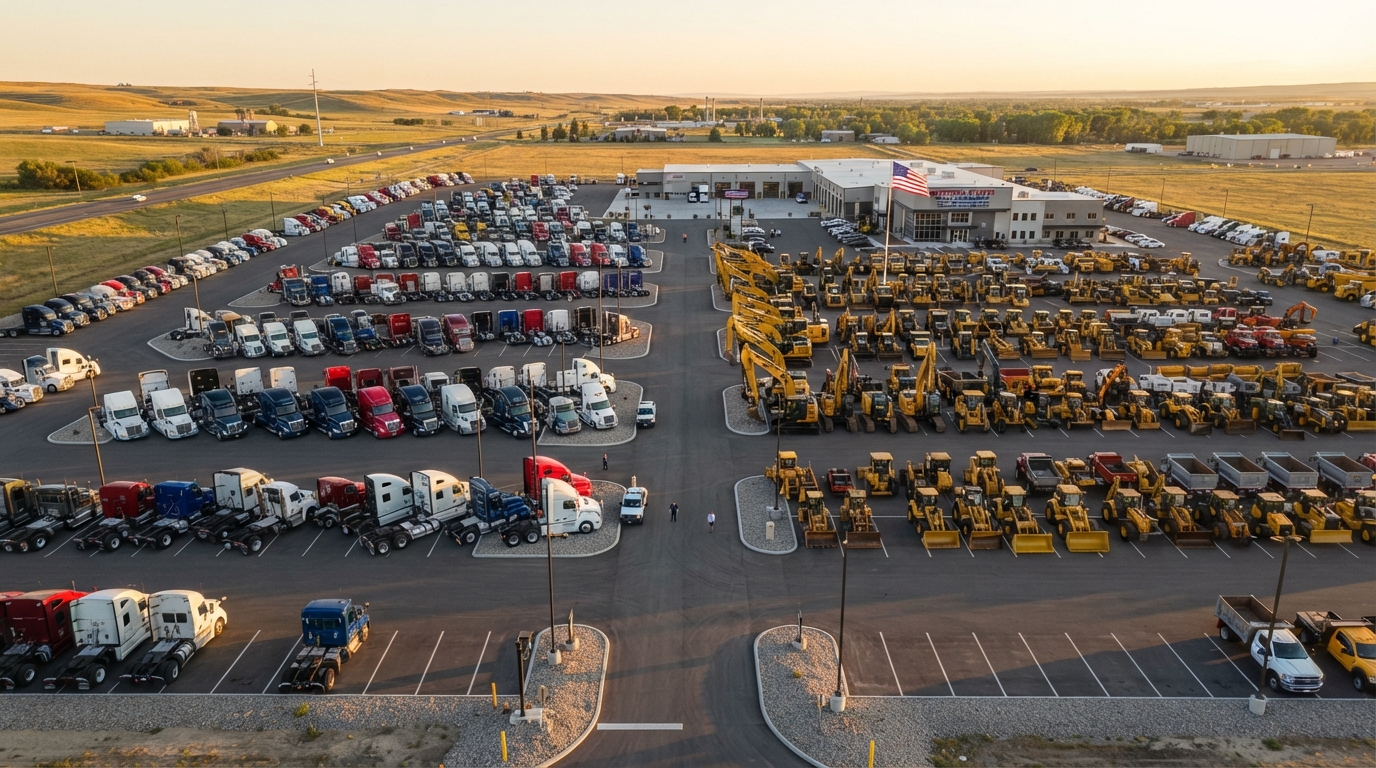 Commercial dealership lot with trucks and construction equipment inventory