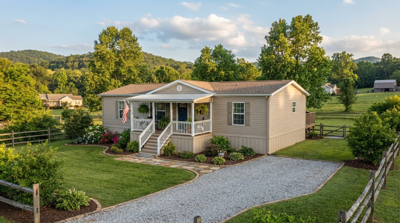 Manufactured mobile home in a well-kept rural North Carolina setting representing mobile home insurance protection