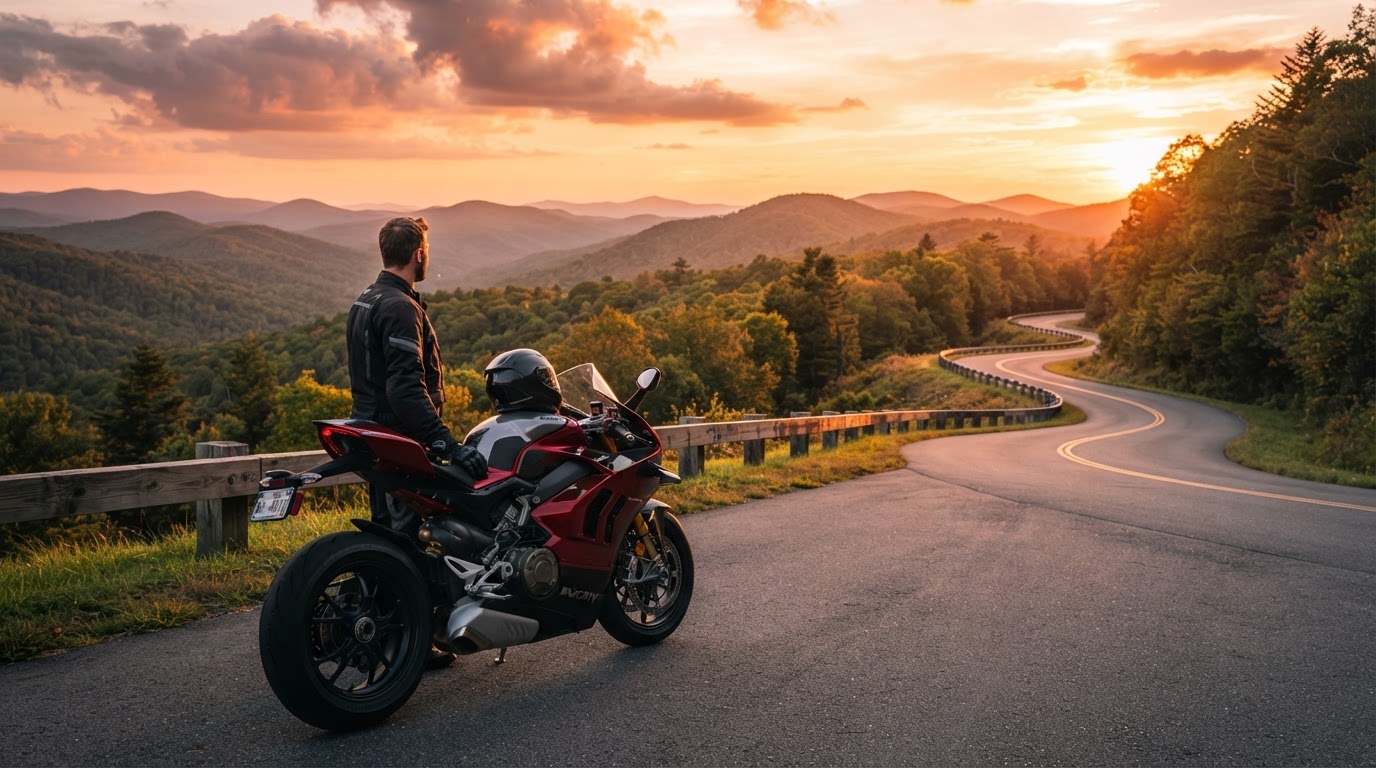 Motorcycle on an open North Carolina road representing motorcycle insurance protection