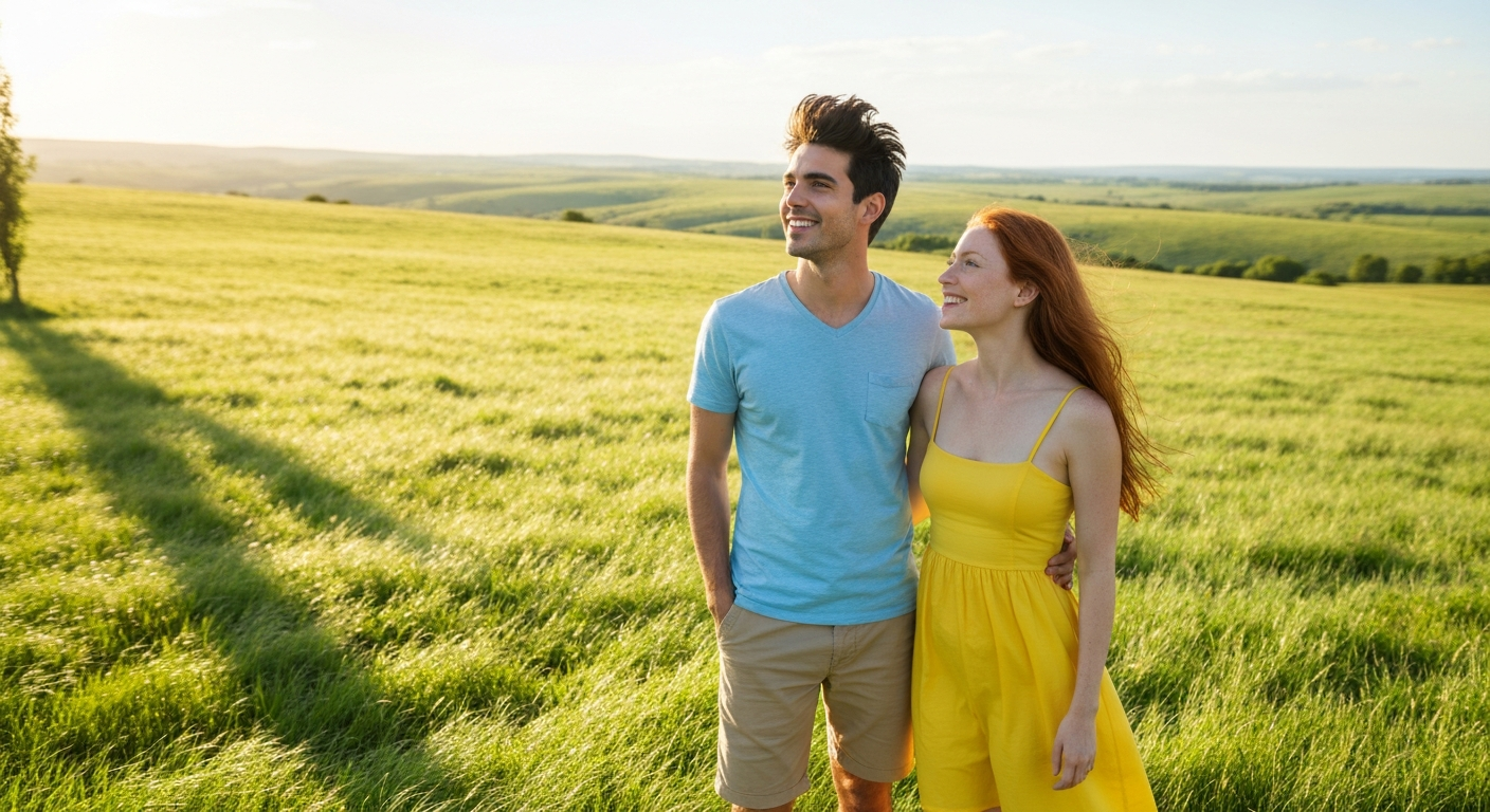 Happy couple looking at their land