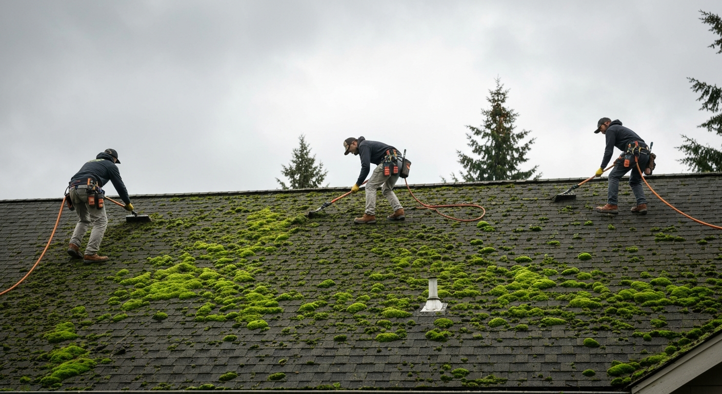 Roofing crew safely cleaning heavy moss off a residential roof in the Pacific Northwest