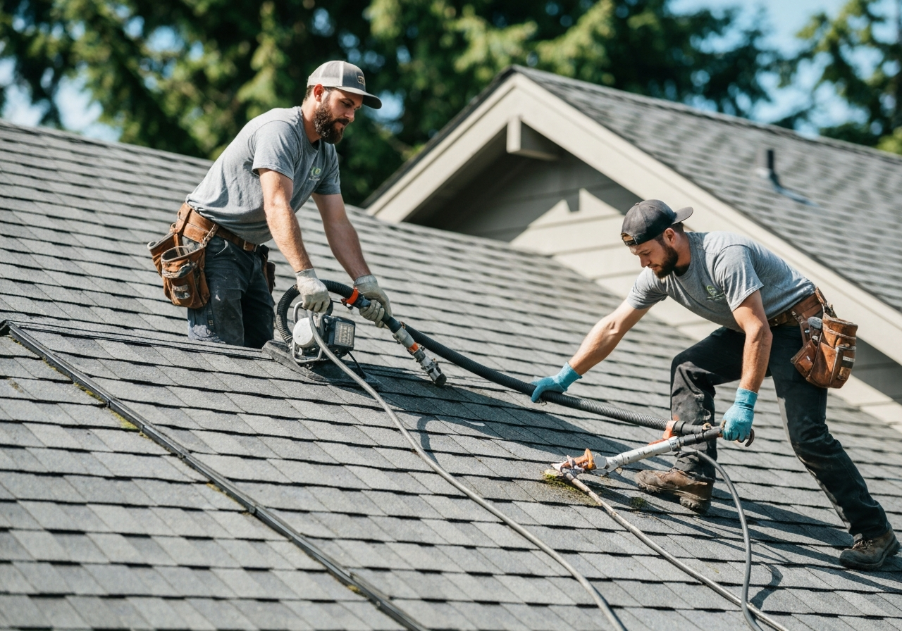 Professional roofer applying moss treatment to a clean roof