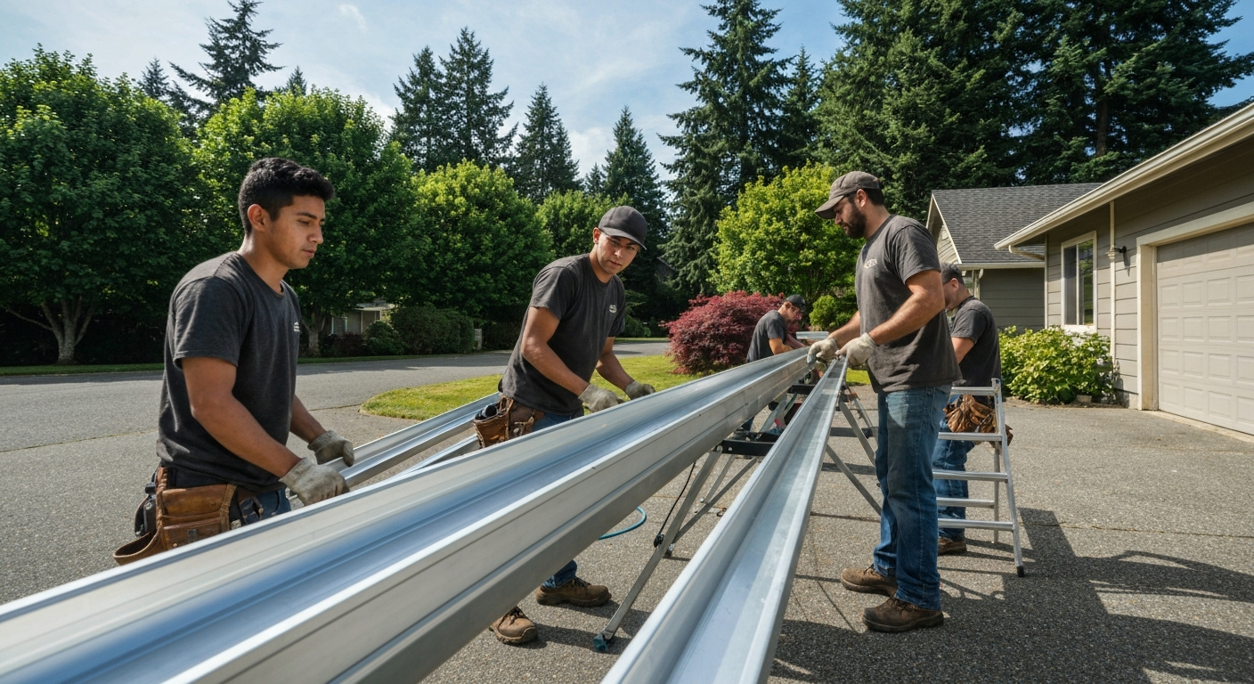 Roofing crew operating a seamless gutter machine on site