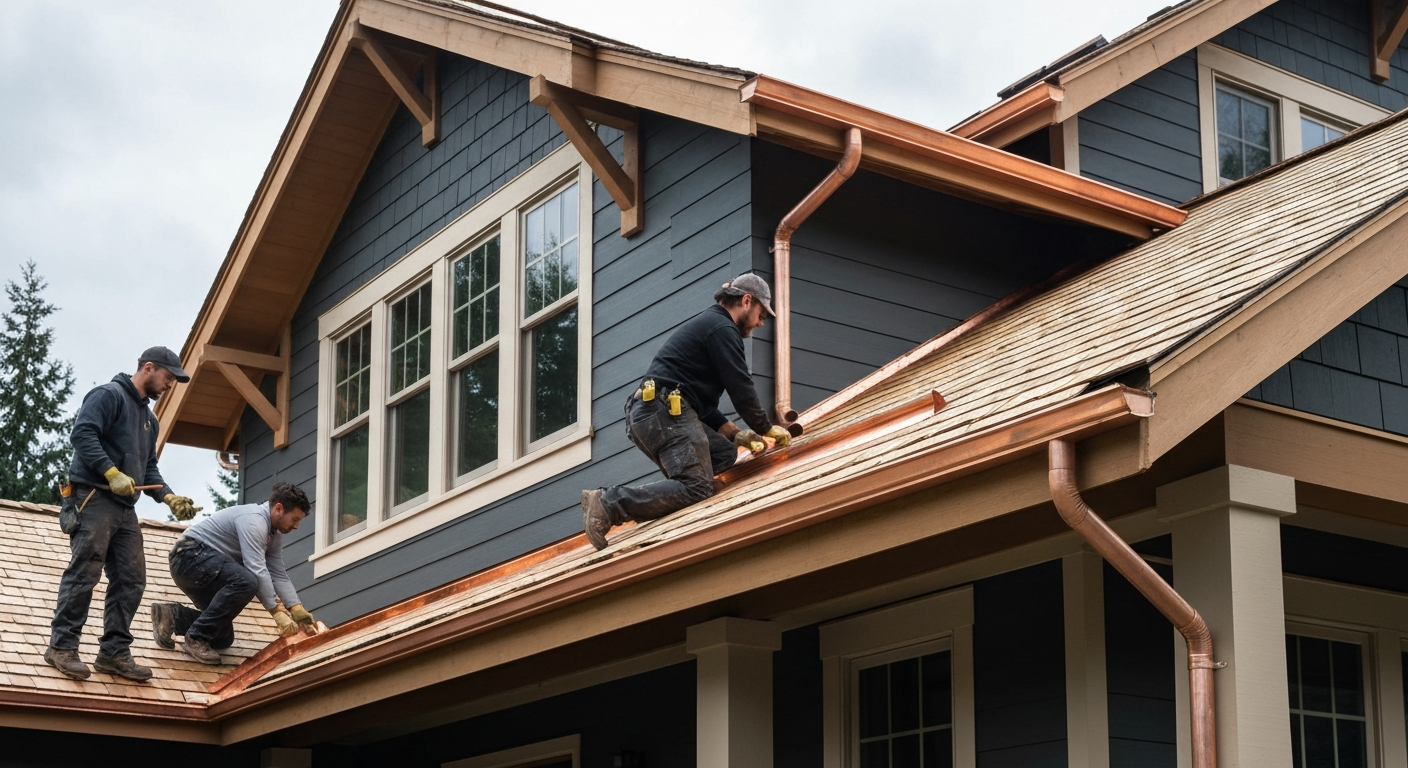 Roofing crew installing new seamless gutters on a Pacific Northwest style home