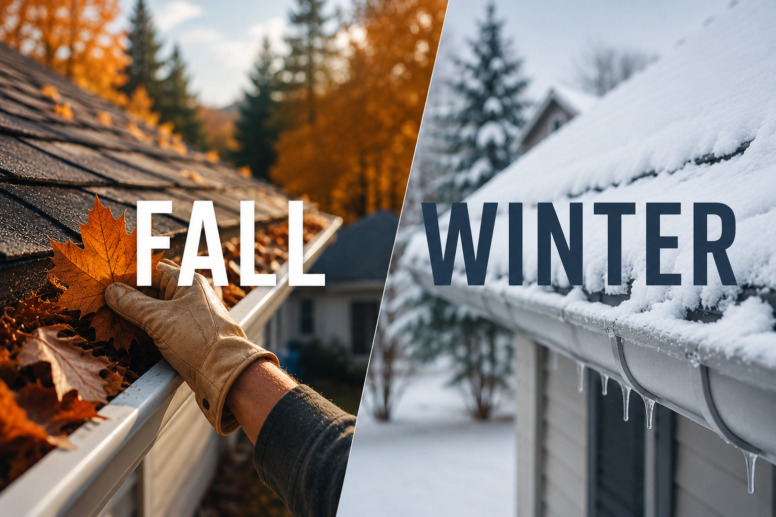 Pacific Northwest home roof in autumn with fallen leaves in gutters before winter