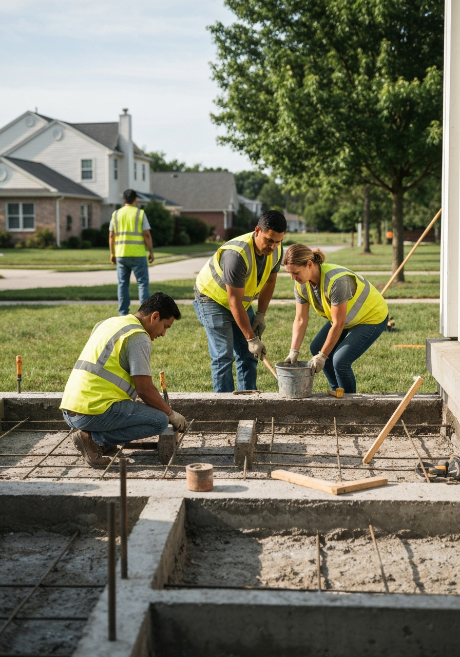 Foundation repair professionals working on a house