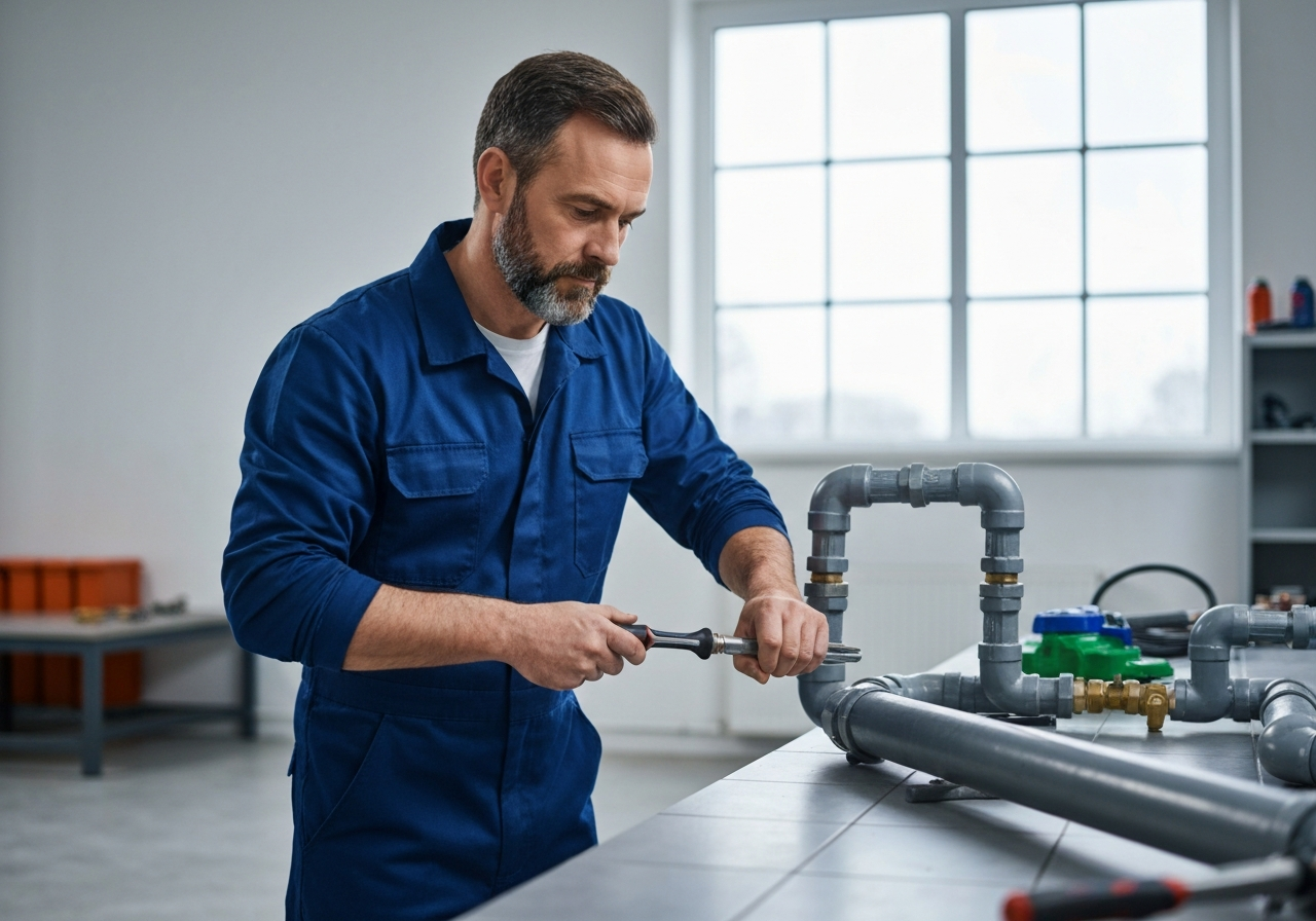 Plumber fixing pipes