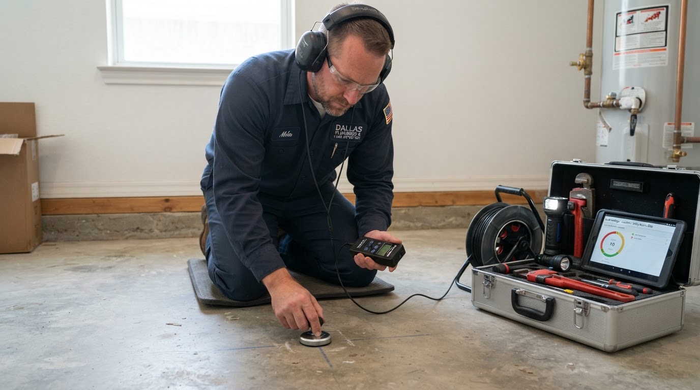 Acoustic slab leak detection equipment used on a concrete floor in a Dallas home