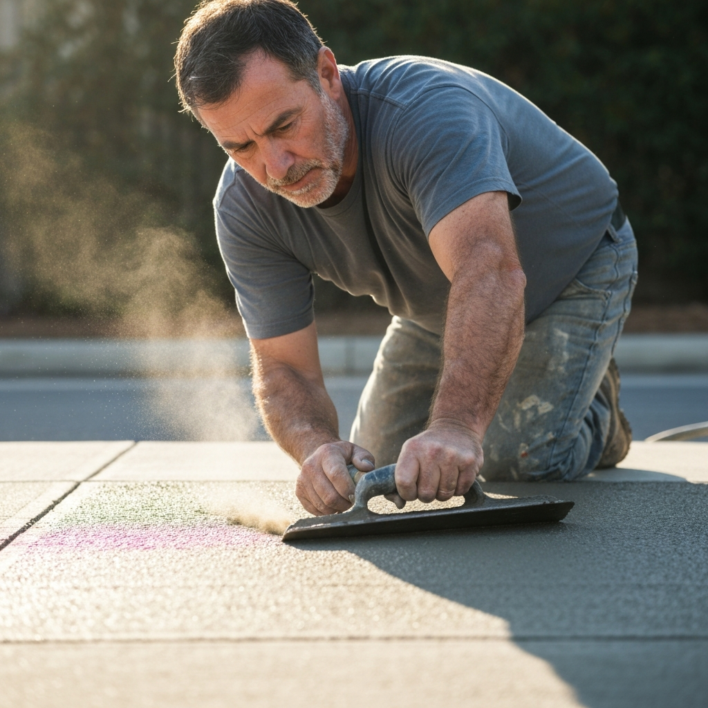 Professional concrete contractor smoothing sidewalk