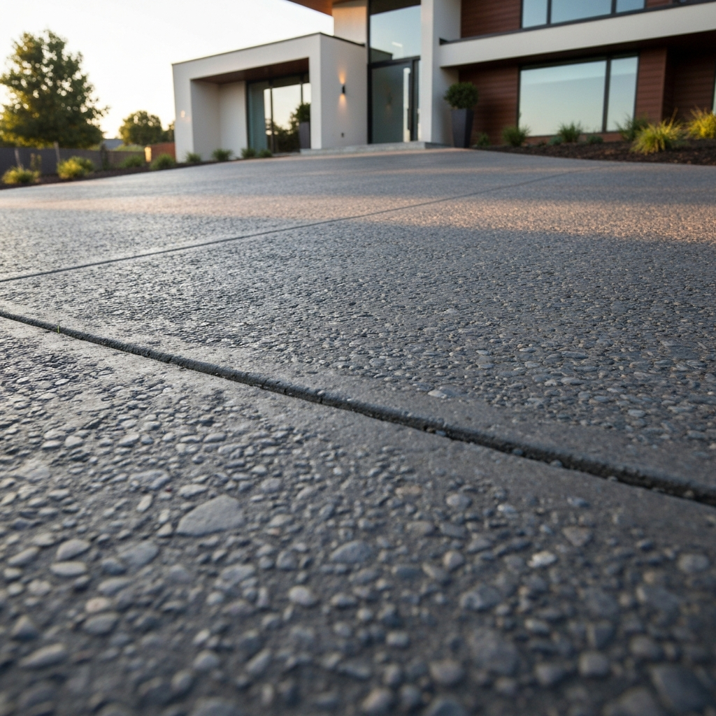 Wide exposed aggregate concrete driveway
