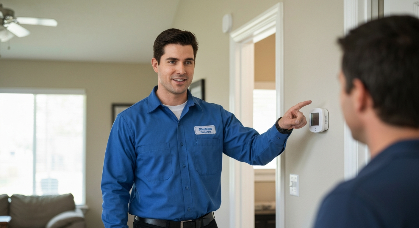 HVAC technician explaining system efficiency to homeowner