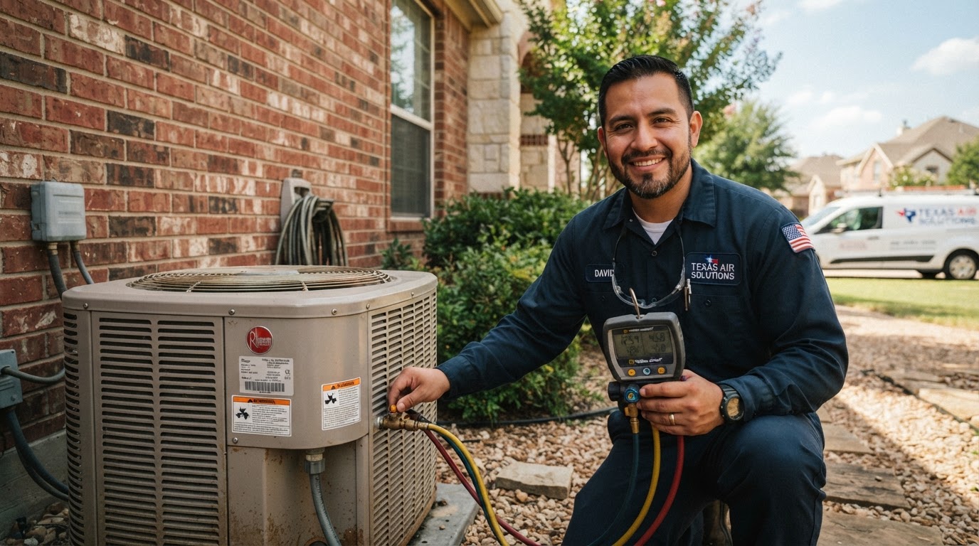 TwinStar HVAC technician inspecting an AC unit with diagnostic gauges