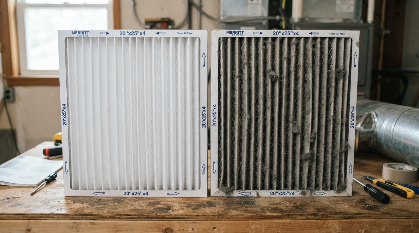 Clean vs dirty HVAC air filter comparison