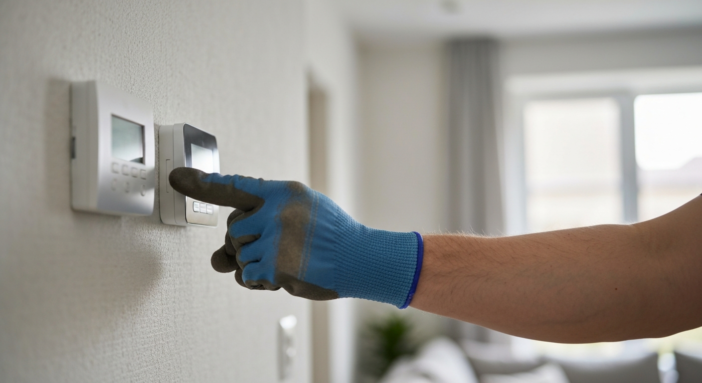 HVAC technician checking a smart thermostat
