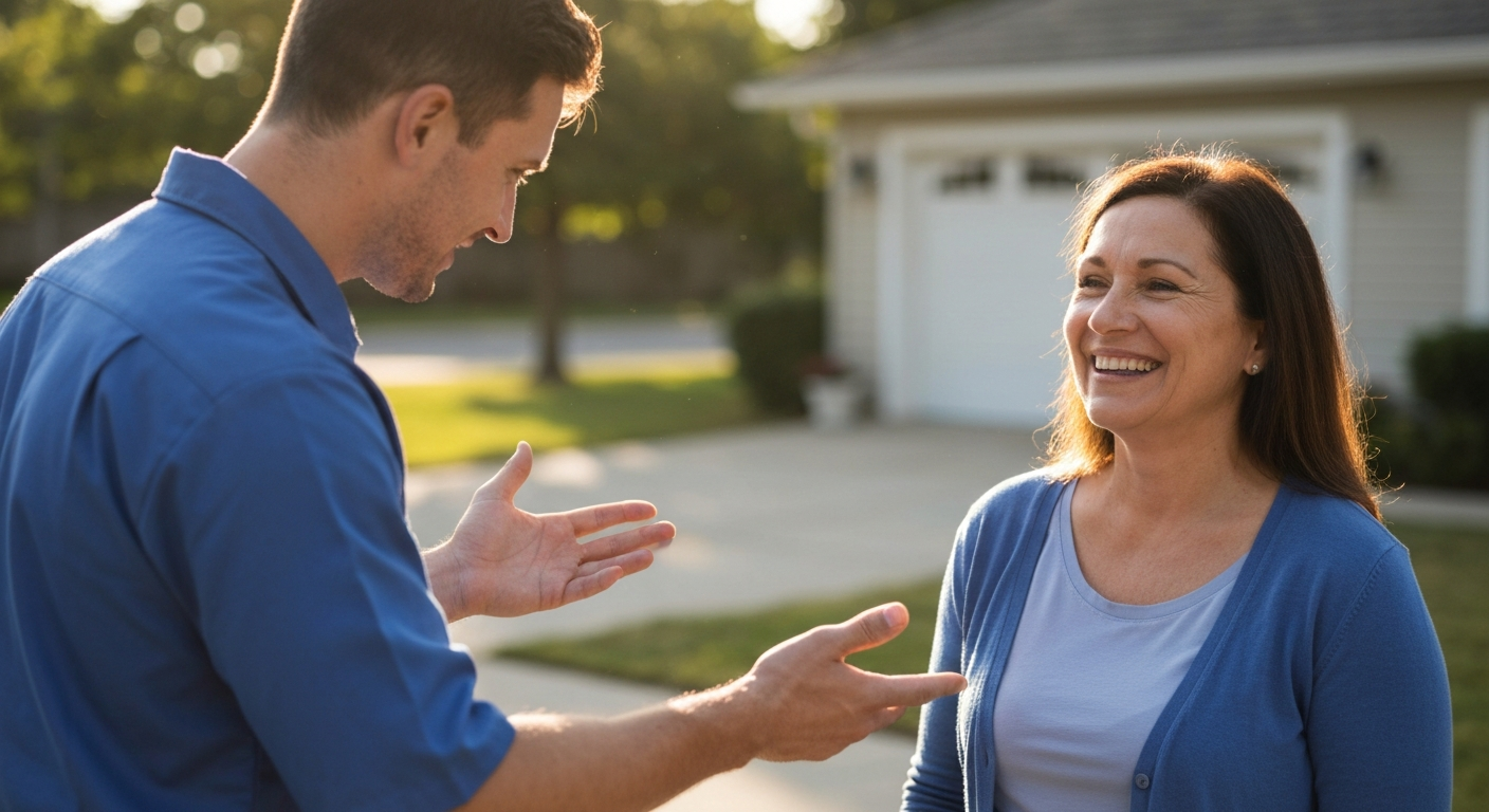 HVAC technician happily discussing options with a homeowner