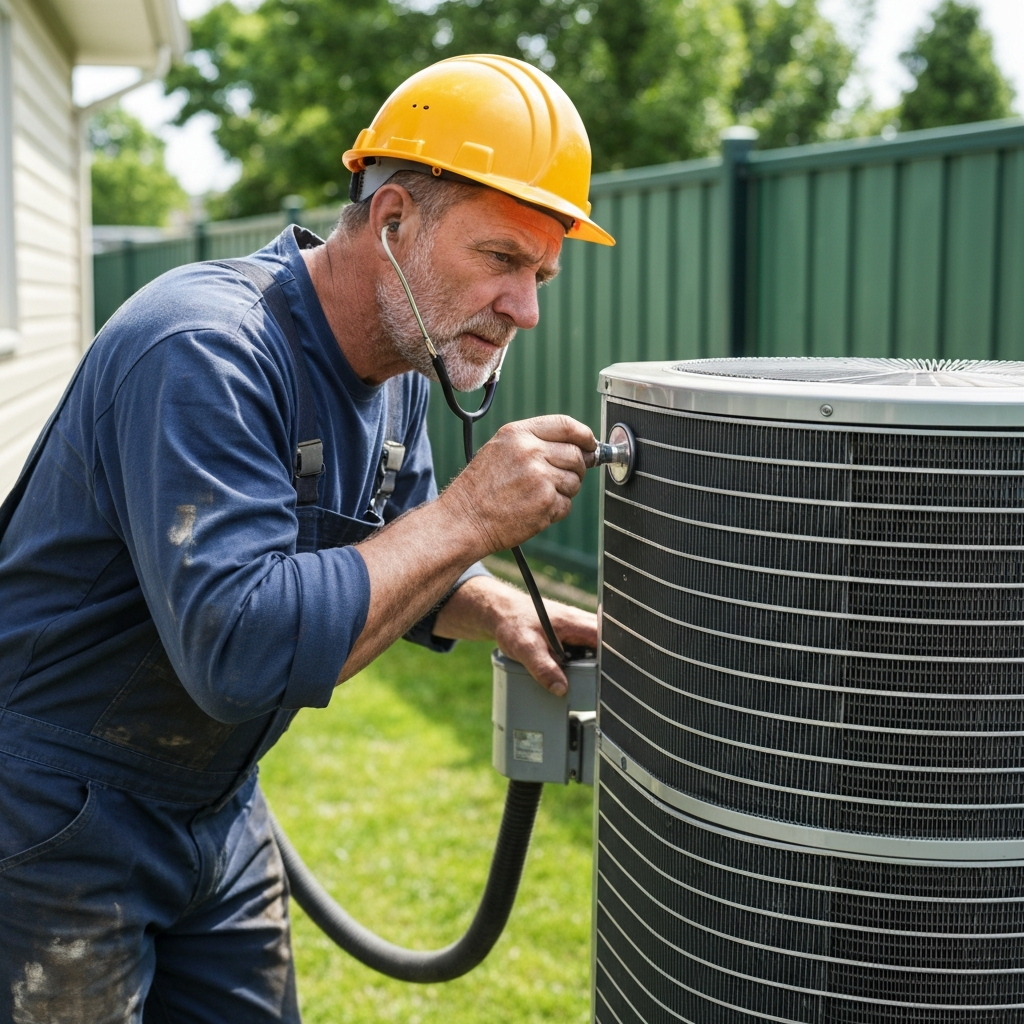 HVAC technician inspecting outdoor condenser unit for noises