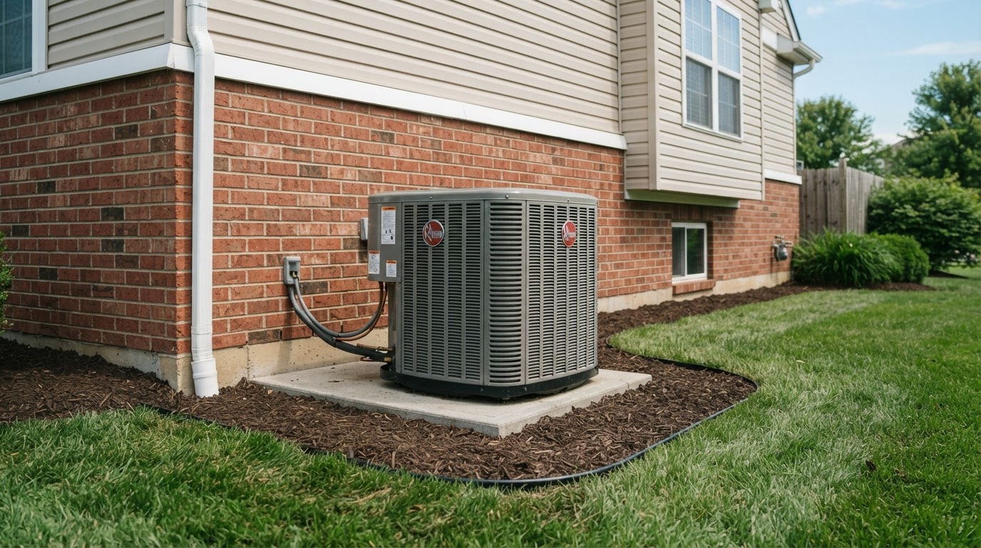 Outdoor AC condenser with clean two-foot clearance perimeter
