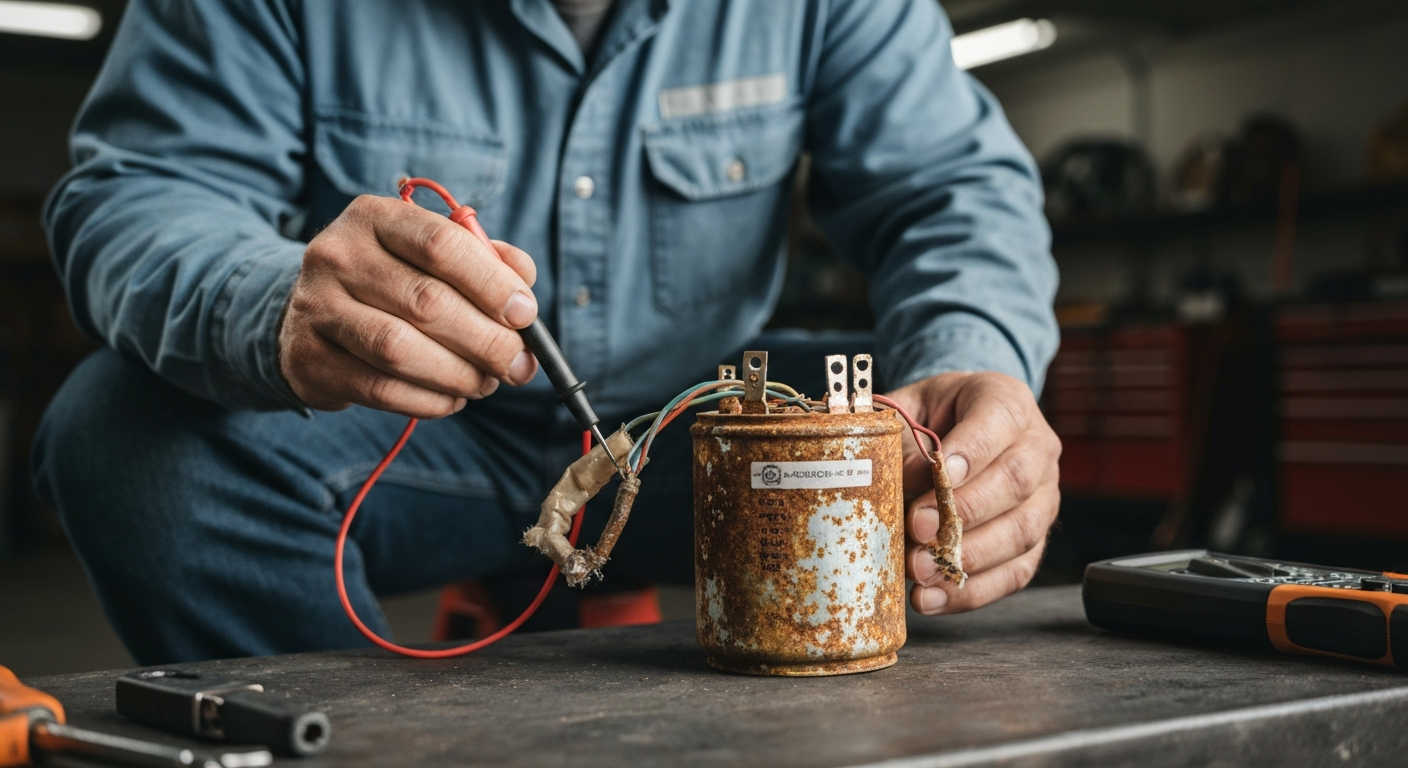 HVAC technician testing a broken capacitor
