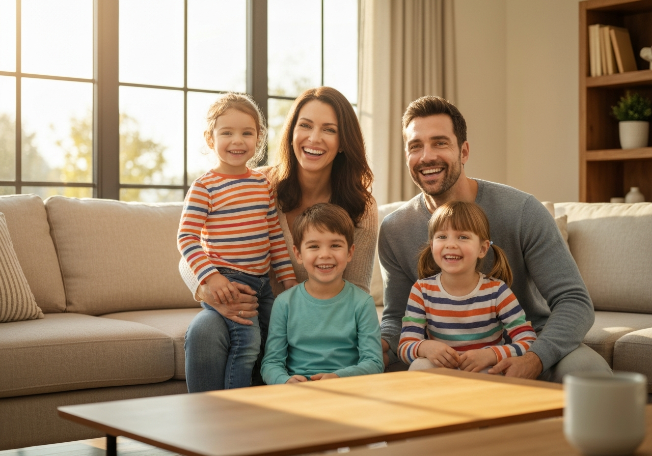 Happy family breathing clean air in their home