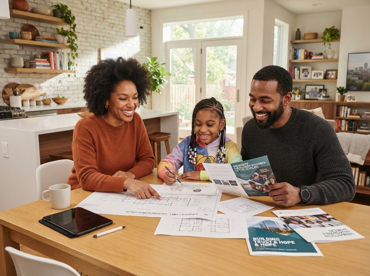 Housing counselor and community partner meeting with a family