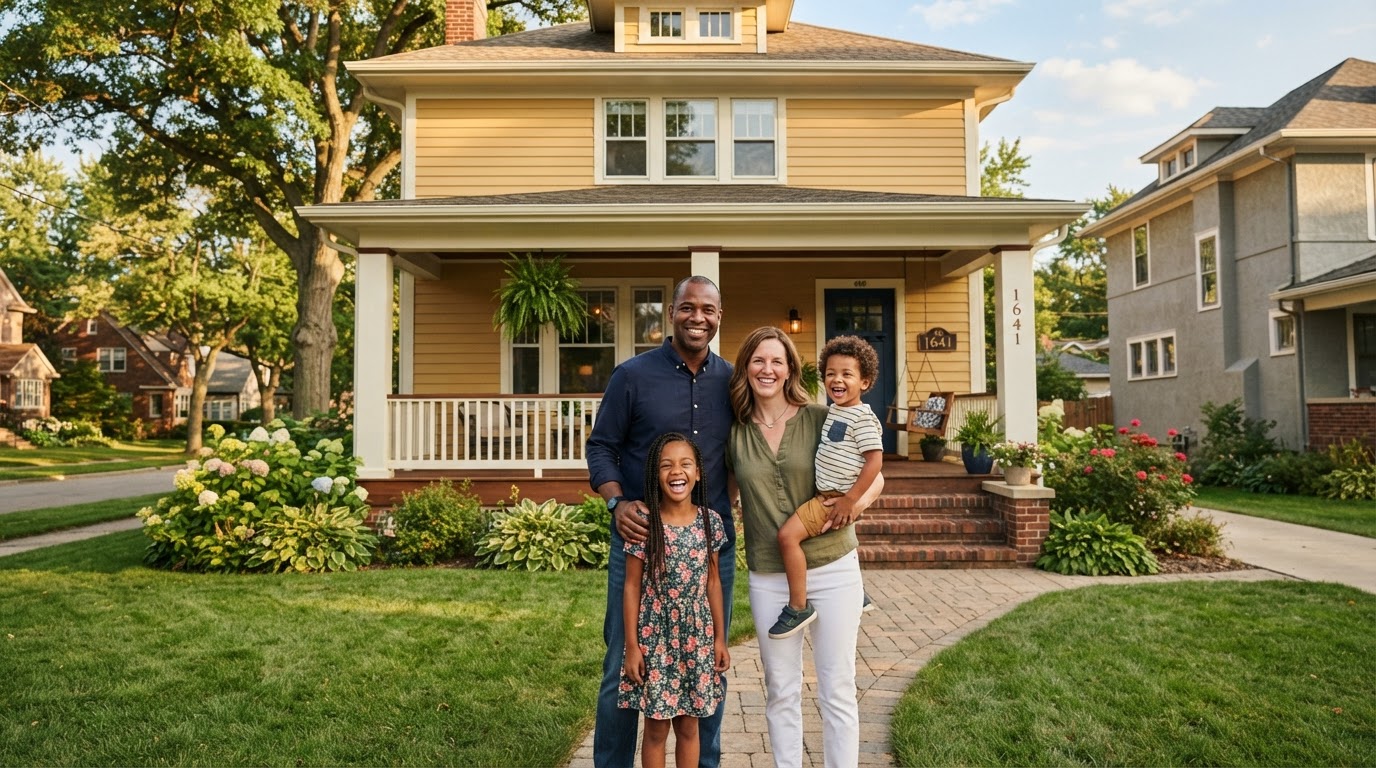 Happy family standing in front of a renovated home