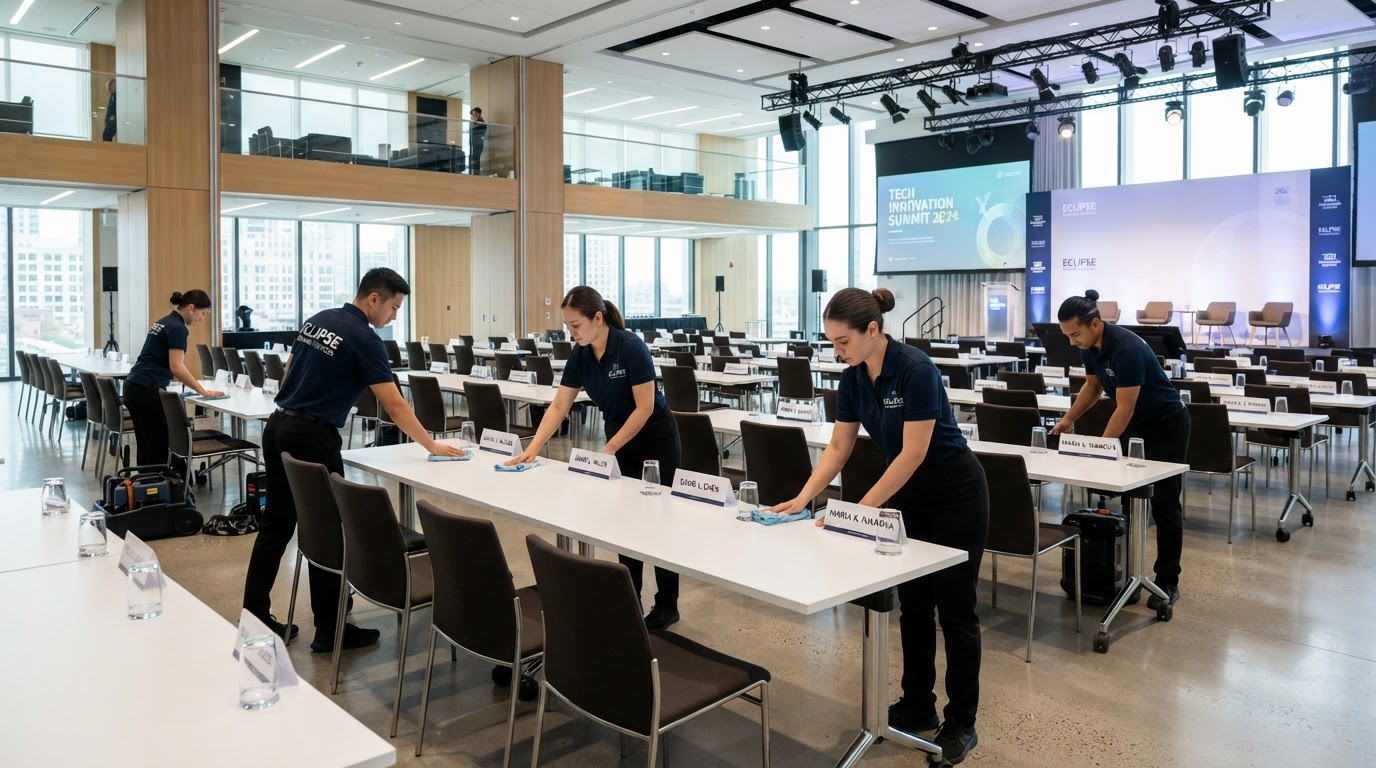Event venue cleaning before a conference by Axiom Shine