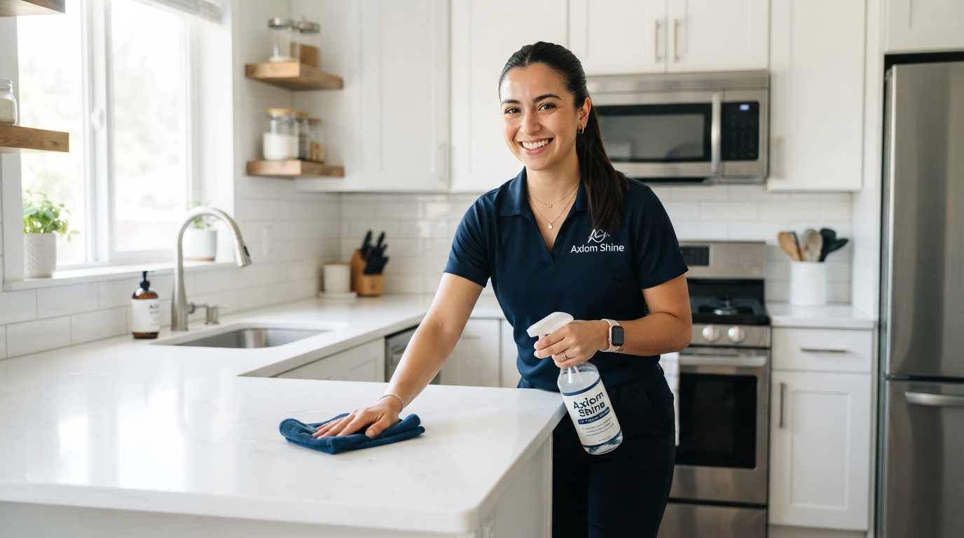 Axiom Shine professional cleaner cleaning a modern kitchen in Houston