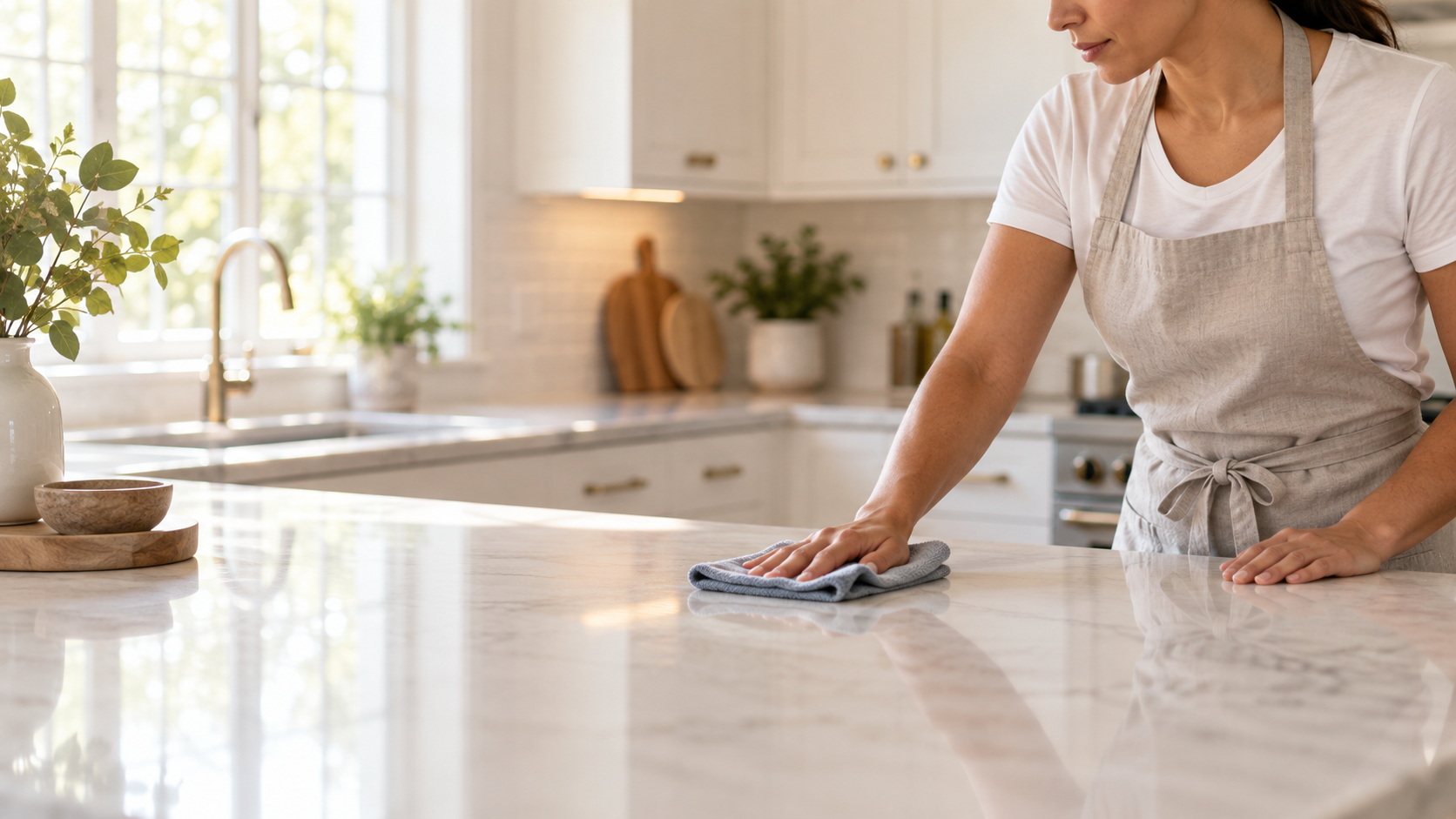 Axiom Shine professional house cleaner cleaning a modern kitchen in Houston