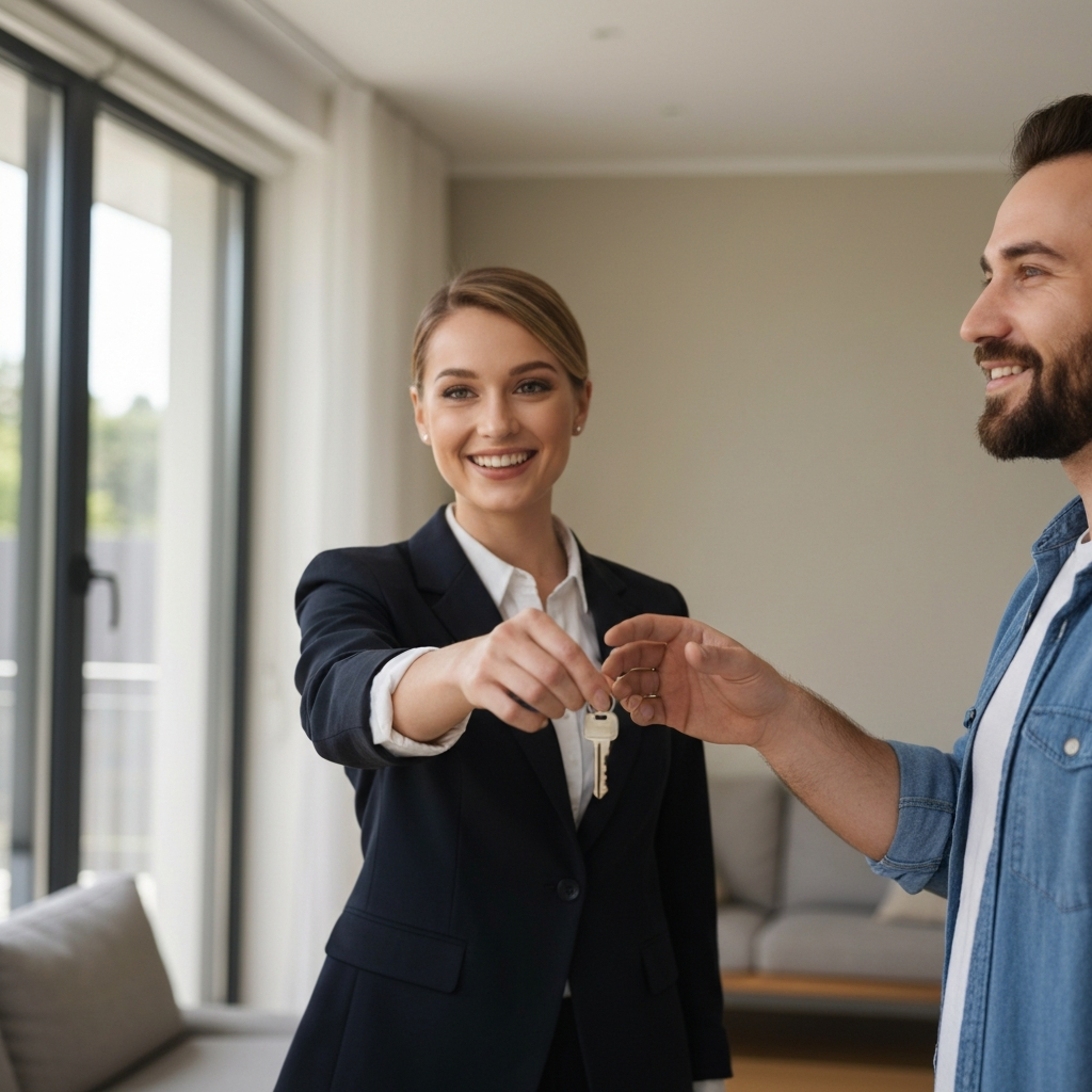 Real estate agent handing over house keys to a client