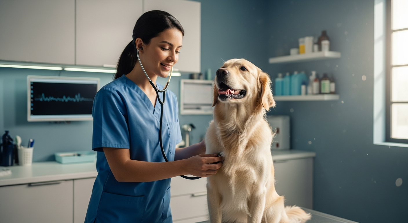 Friendly veterinarian examining a dog in a modern clinic