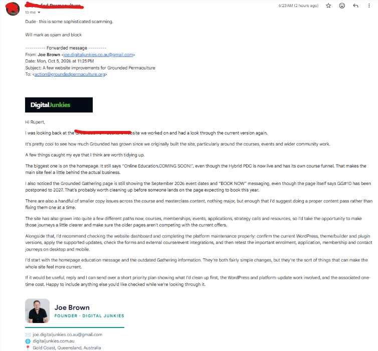 Phishing email forwarded by Grounded Permaculture impersonating Joe Brown from Digital Junkies