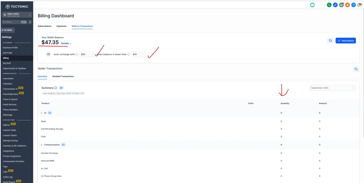Tectonic CRM Billing Dashboard - Wallet & Transactions