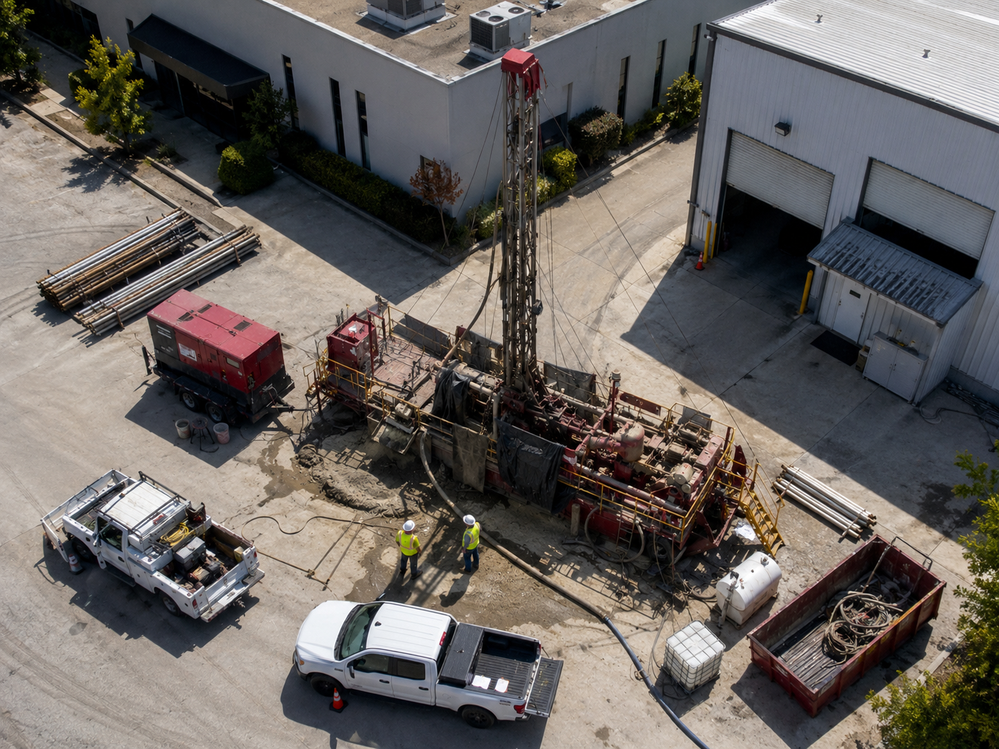 Industrial site with environmental monitoring wells