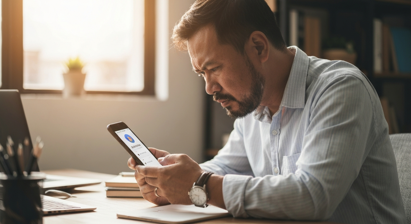 Frustrated business owner looking at social media