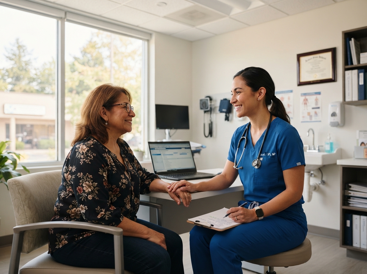 Nurse practitioner consulting with a patient in a modern clinic