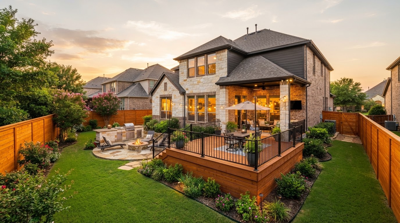 Stained cedar fence and patio in DFW home