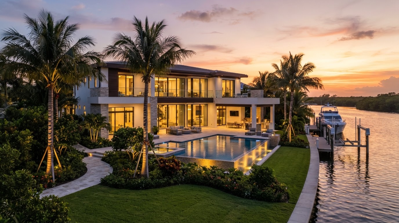 Completed luxury Florida home at sunset