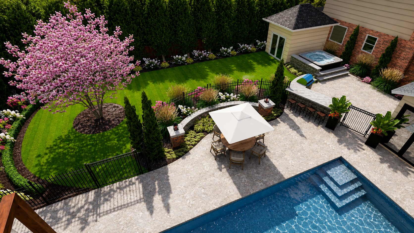 Top-down 3D landscape design of a backyard