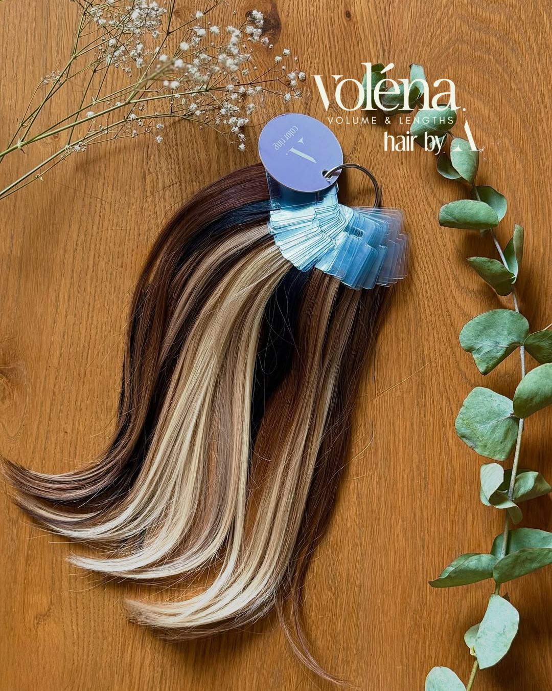 Voléna Farbring mit echten Echthaar-Farbmustern im Salon Beleco