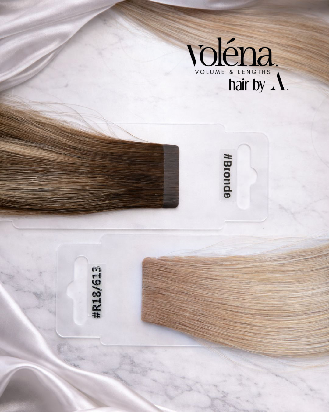Voléna Tape Extensions aus 100 % Remi-Echthaar in verschiedenen Farbtönen