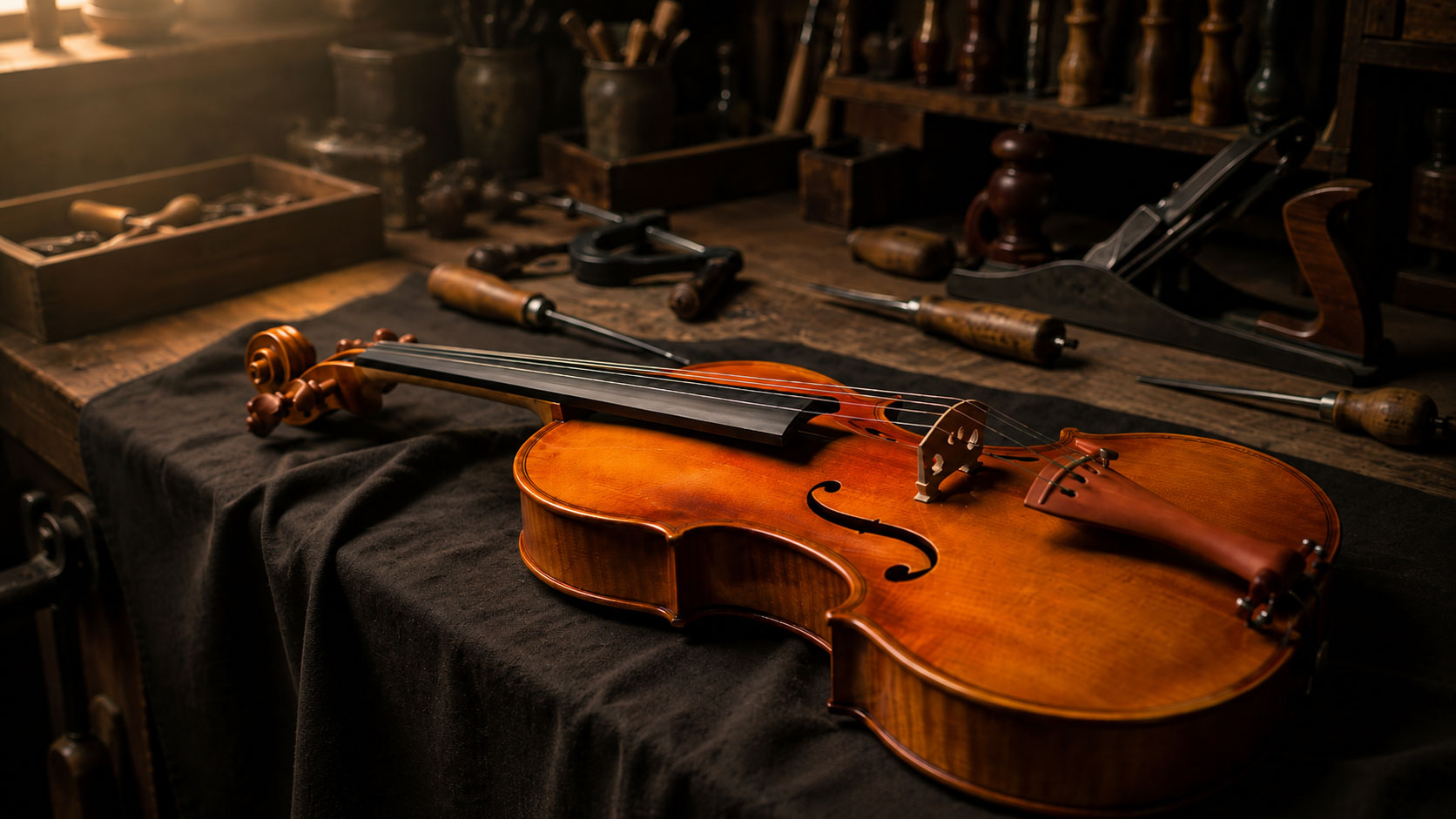 Hand-finished violin on a master luthier's workbench