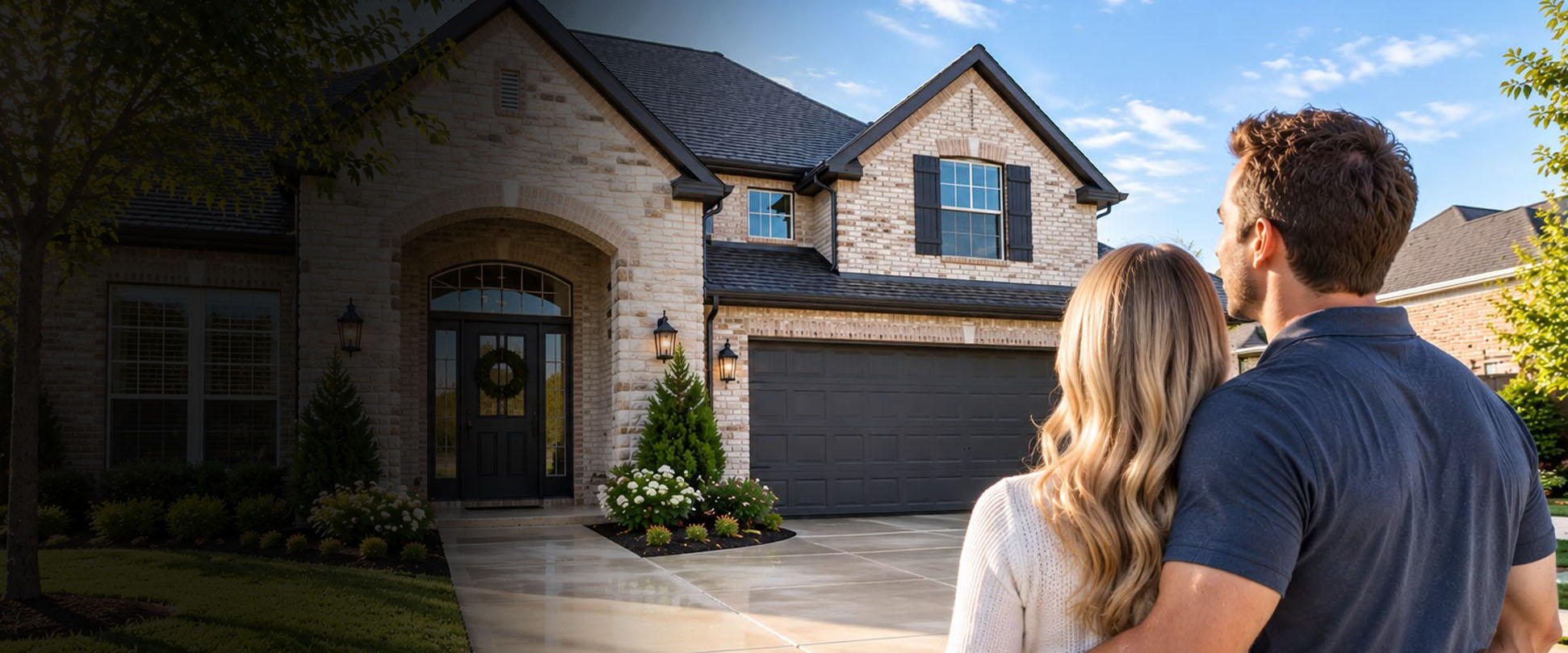 Couple standing in walkway admiring their pristine, clean home