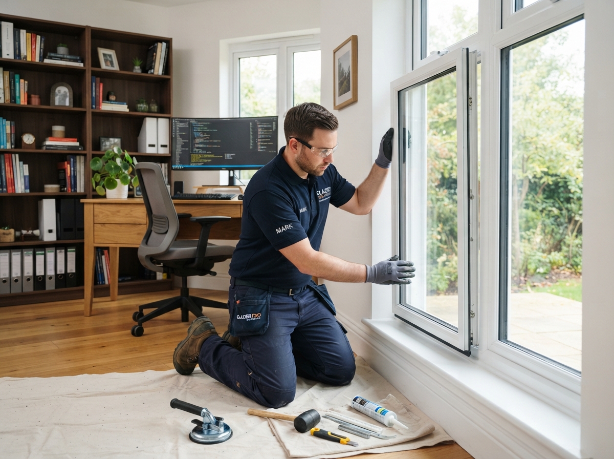 Wise Glass glazier replacing an insulated glass unit in a home office window