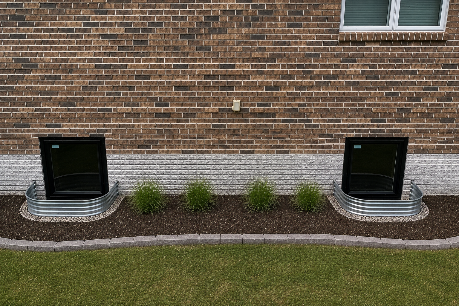 Two new egress windows with metal window wells installed on a home in Iowa