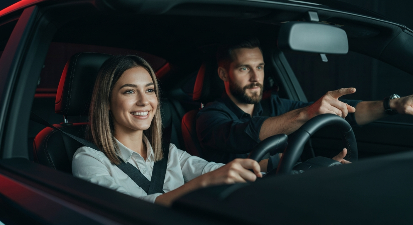Confident student driving a car with instructor