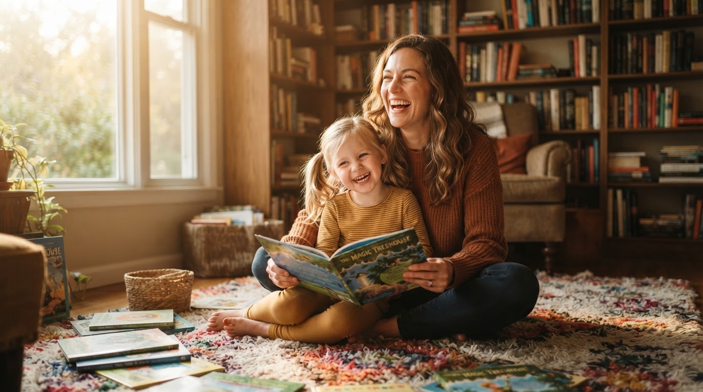 Parent and child laughing together over an open book
